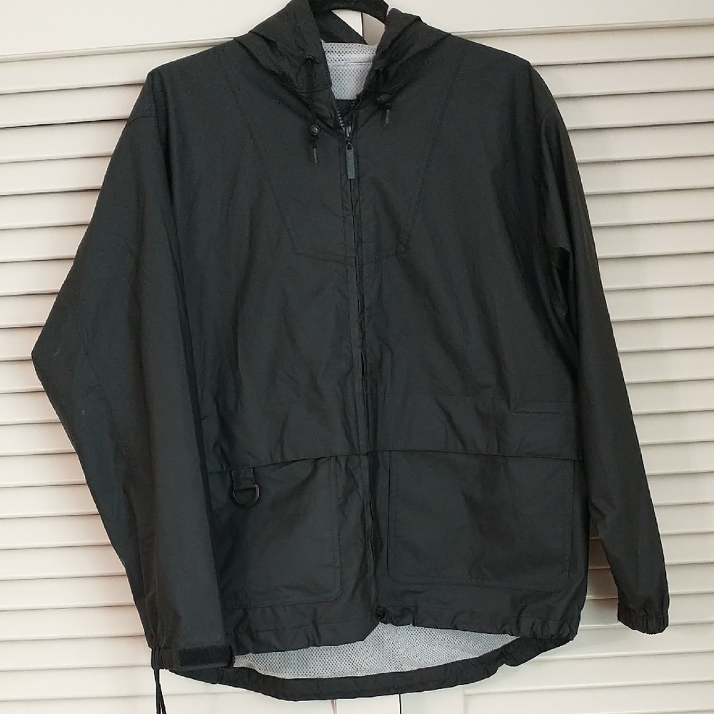 London Fog Raincoat, Black, Hood, Drawstring On Hem, Hiking,‎ Camping, Women's M